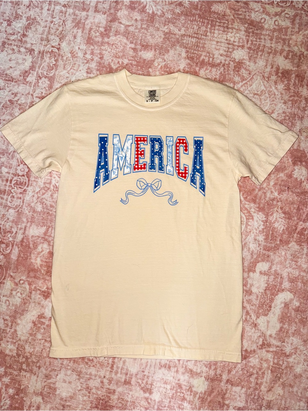 Comfort Colors Cream AMERICA Graphic Tee with Red and Blue Accents